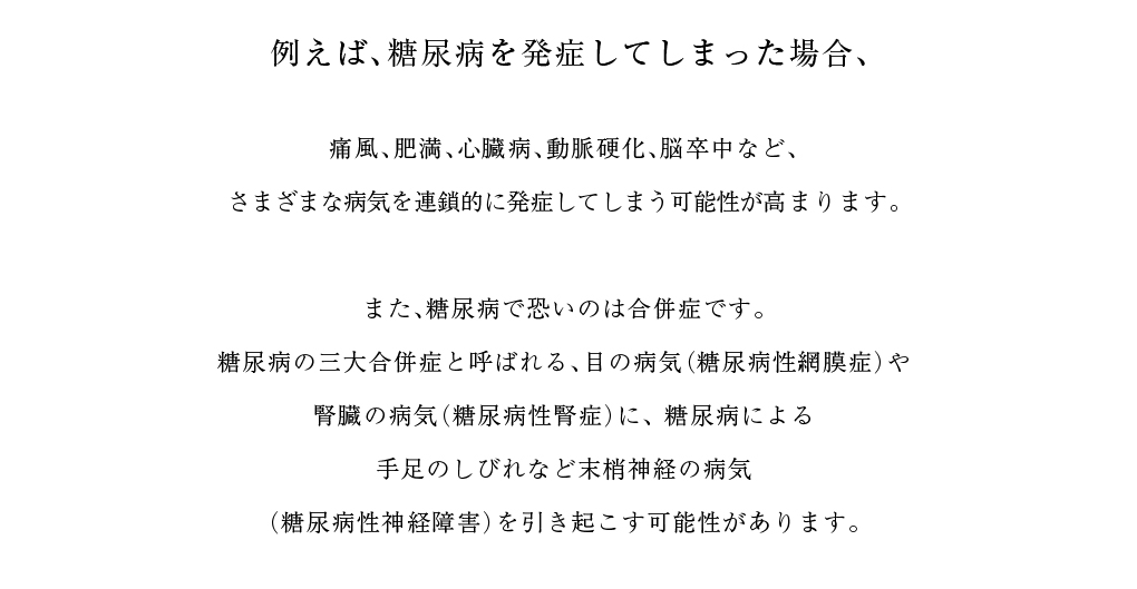 例えば、糖尿病を発症してしまった場合、痛風、肥満、心臓病、動脈硬化、脳卒中など、 さまざまな病気を連鎖的に発症してしまう可能性が高まります。  また、糖尿病で恐いのは合併症です。 糖尿病の三大合併症と呼ばれる、目の病気（糖尿病性網膜症）や 腎臓の病気（糖尿病性腎症）に、 糖尿病による 手足のしびれなど末梢神経の病気 （糖尿病性神経障害）を引き起こす可能性があります。